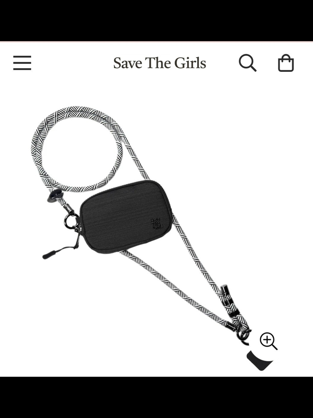 The Girls Black Crossbody Phone Pouch with Black & White Strap